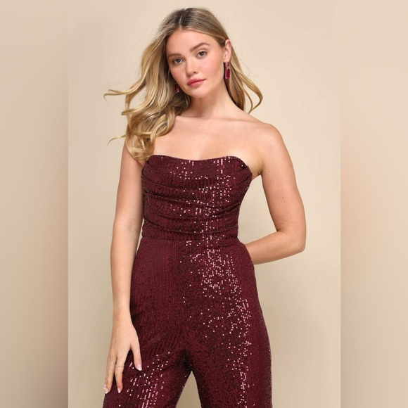 LULU’S GLORIOUS VISION SEQUIN STRAPLESS WIDE LEG JUMPSUIT - Picture 3 of 15